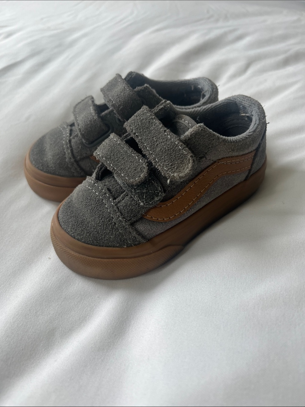 Vans Kids Gray Suede Sneakers with Brown Side Stripe